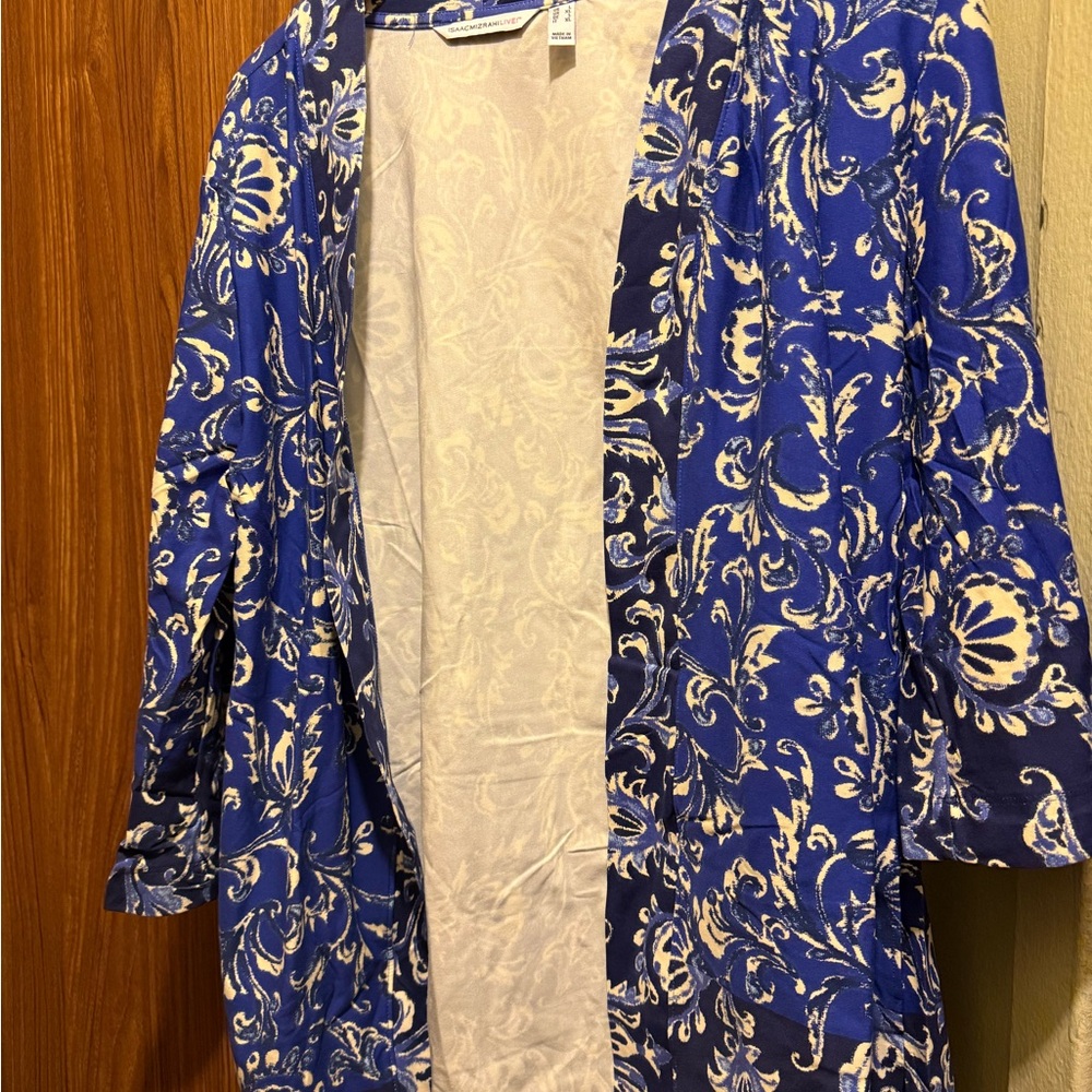 Blue and White Patterned Open Cardigan